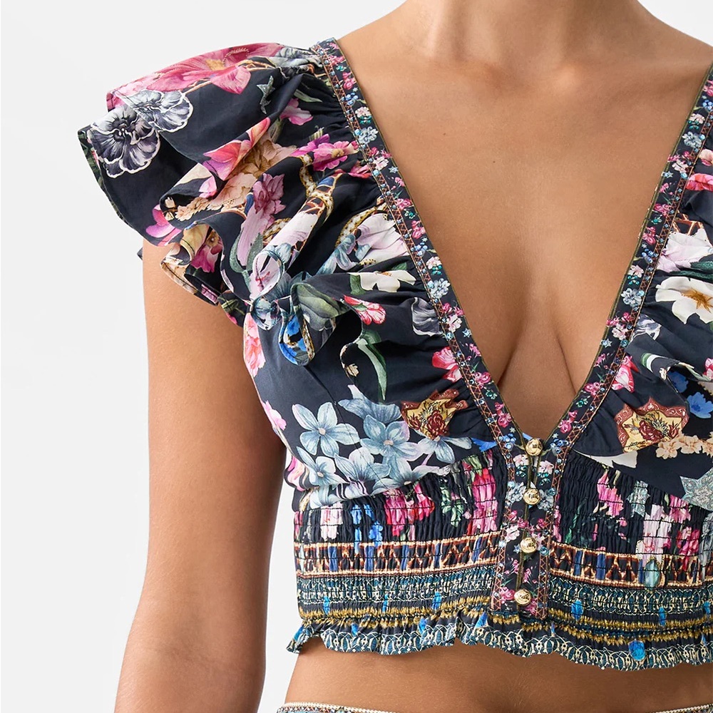 Floral Ruffle Sleeve Crop Top